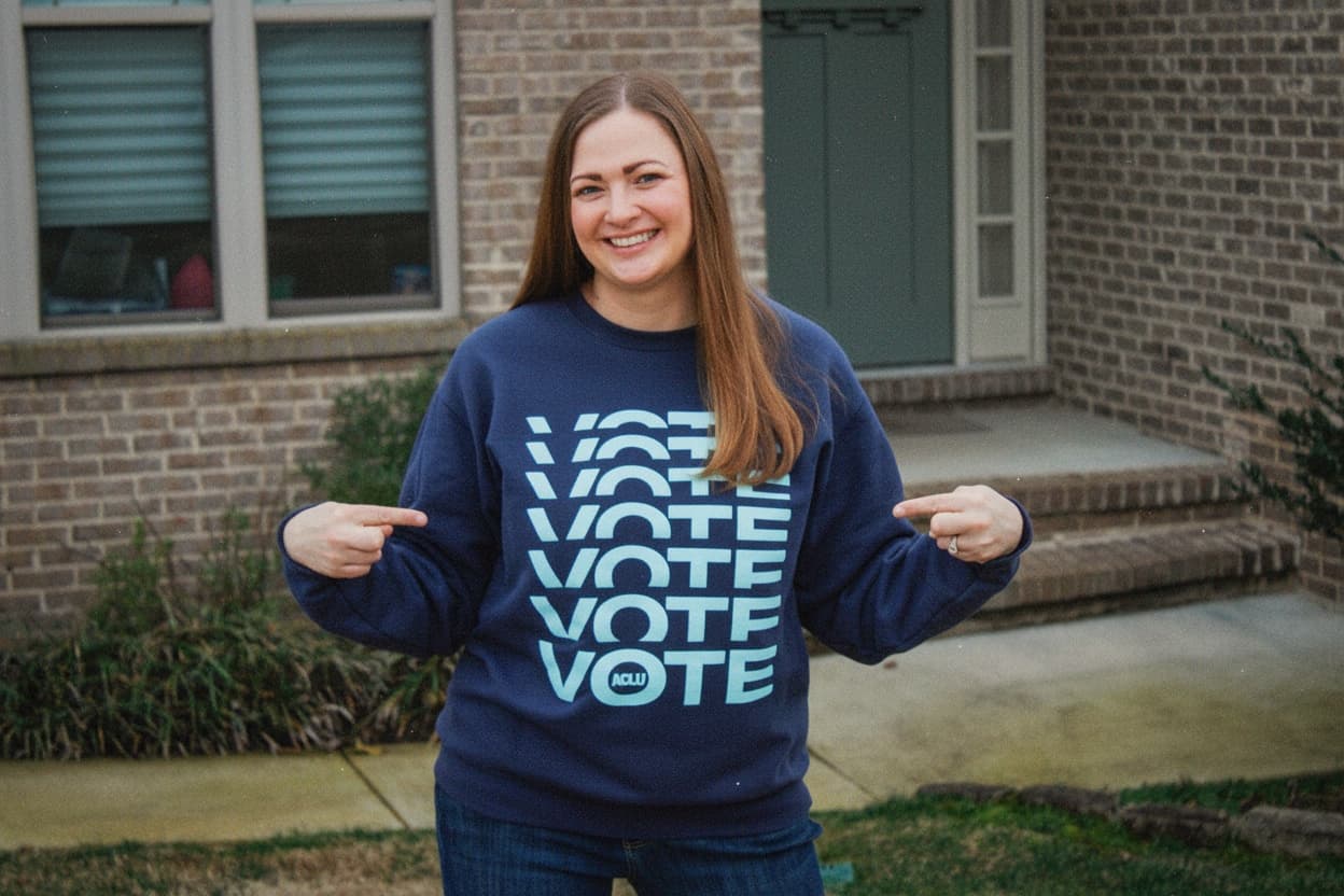 Dr. Ruth Walker wearing a VOTE sweatshirt